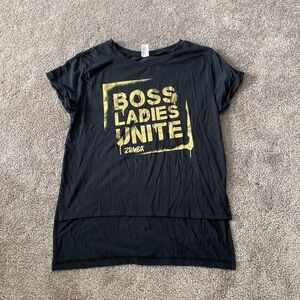 Zumba Boss Ladies Unite Graphic Tee SIZE XS Black Short Sleeve Dance Fitness